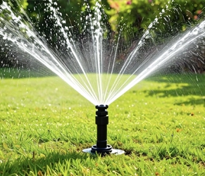 Riego inteligente para una gestión eficiente del agua. Riego automático con aspersores en un césped verde.