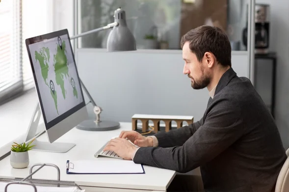 Hombre analizando datos globales sobre el carbono en la pantalla de un ordenador en una oficina moderna.