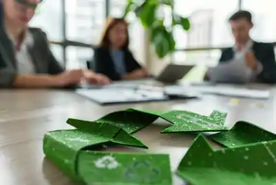 Conectando la innovación con el impacto sostenible. Símbolo de reciclaje de papel sobre una mesa de reuniones con profesionales de negocios al fondo.