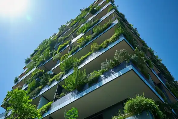 Prêt à réduire les émissions de carbone. Bâtiment moderne recouvert de plantes vertes luxuriantes sous un ciel bleu clair.