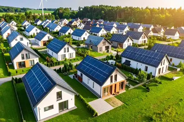 Quartier résidentiel respectueux de l'environnement avec des maisons modernes équipées de panneaux solaires sur le toit.