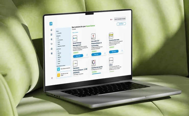 Cleantech Provider Matchmaking Interface. Laptop showing a digital platform matching users with cleantech solution providers.