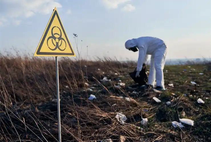 Safer Materials and Cleaner Environments Across Industries. Person in hazmat suit cleaning up toxic waste near a warning sign in a field.