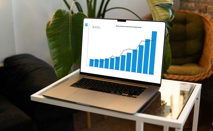 Analytics tools to support sustainable business decisions. Laptop screen showing business growth and cleantech investment data.