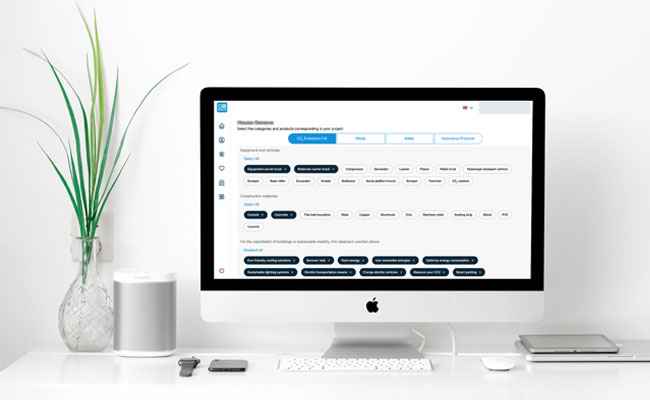 Vue d’accueil avec outils pour solutions durables en entreprise. Interface de plateforme technologique durable sur écran de bureau.