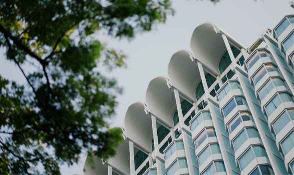Edificio moderno que representa una gestión más inteligente y ecológica. Primer plano de la fachada de un edificio sostenible moderno con rama de árbol verde.