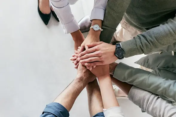 Team joining hands symbolizing unity and commitment to a greener future