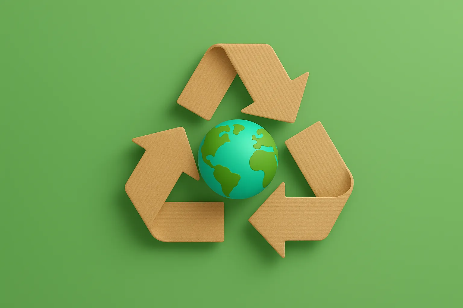 Símbolo de reciclaje de cartón rodeando un planeta sobre fondo verde, representando sostenibilidad ambiental.