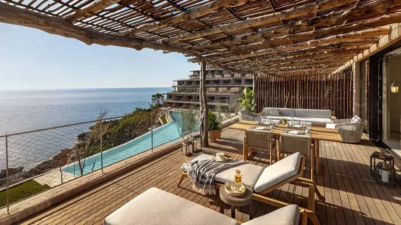 Eco-friendly terrace with sea views at the Six Senses Hotel in Ibiza.